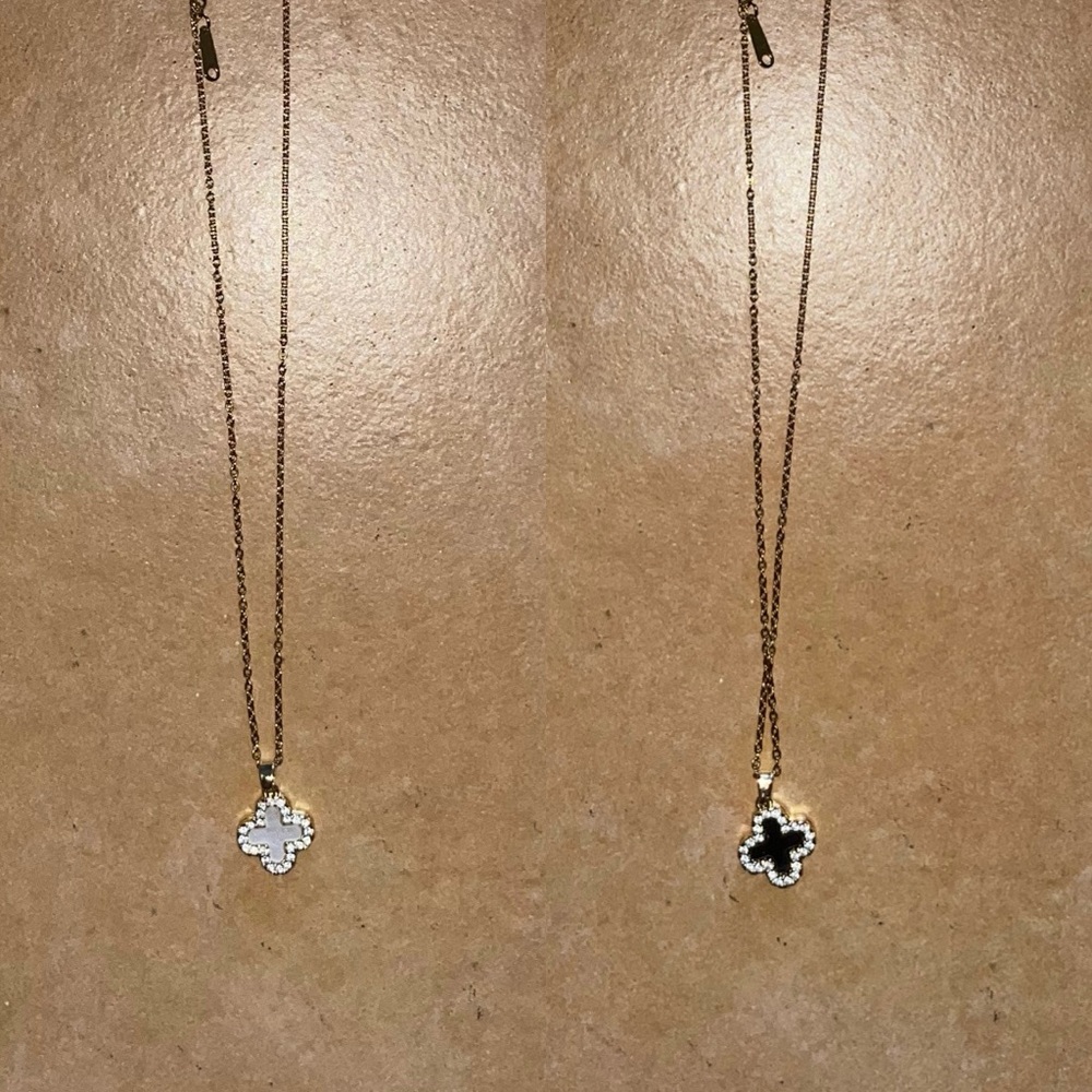 Fashion Jewelry Two Sided Clover Flower Gold Tone (Pearl, White, Black, Diamond)